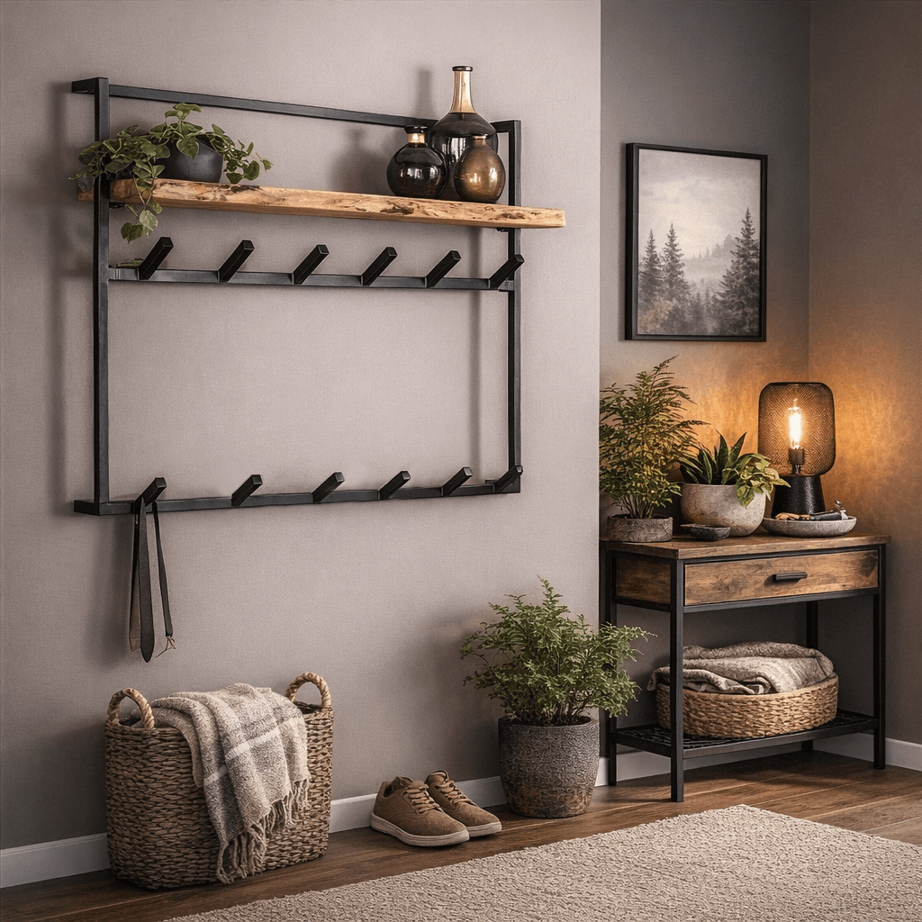 Appendiabiti industriale in metallo con legno di acacia 12 ganci 100x80 cm - Naomi