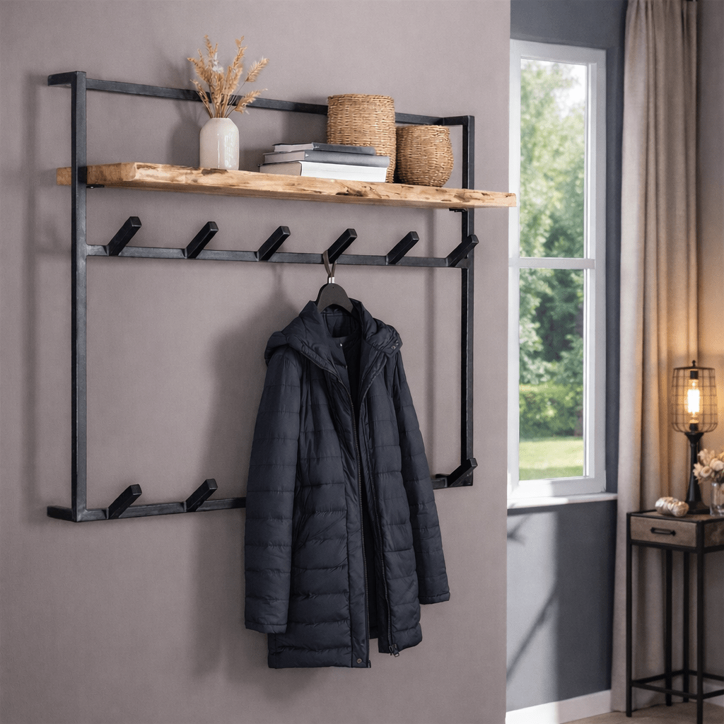 Appendiabiti industriale in metallo con legno di acacia 12 ganci 100x80 cm - Naomi