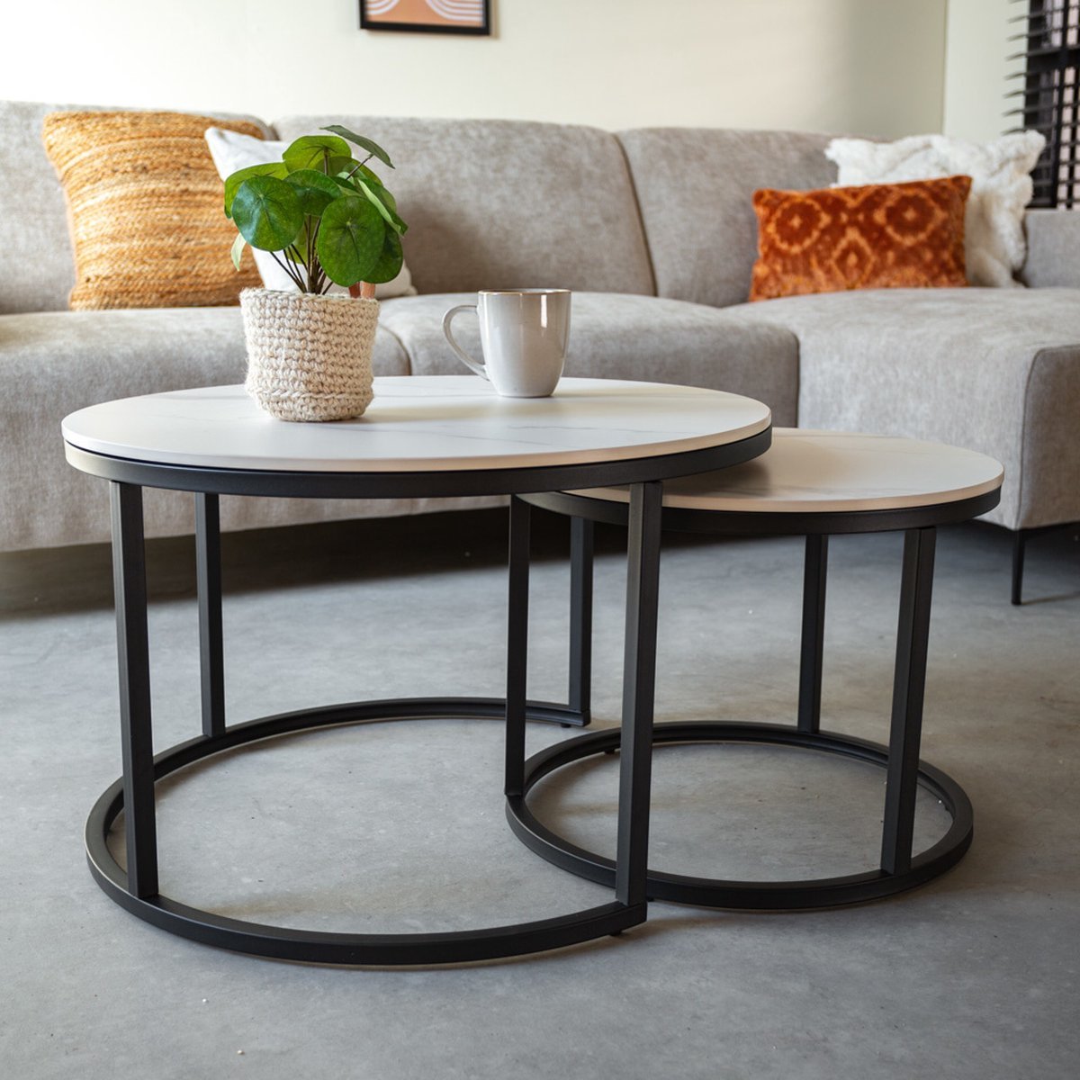 Salontafels - Salontafel set van 2 Trevor marmer wit rond - Dimehouse