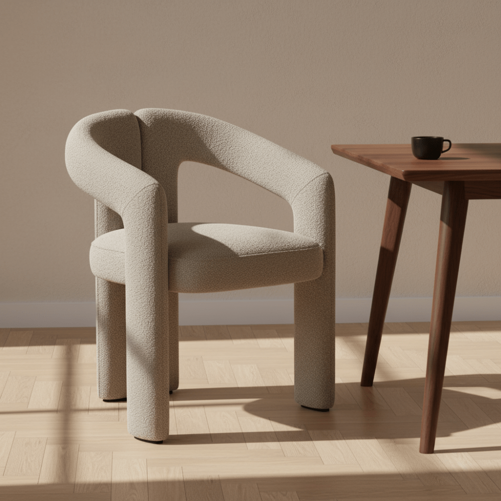 Eetkamerstoelen - Design Eetkamerstoel Zandkleur Bouclé Maro - Volledig Stof - Dimehouse