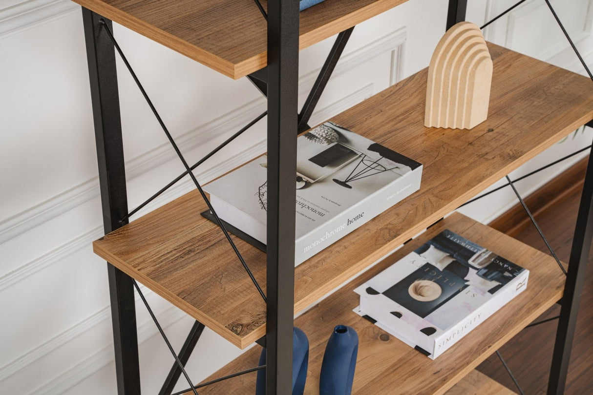 Boekenkasten - Industriële boekenkast dennenhout melamine Ely - zwart frame - 180x90 cm - Dimehouse