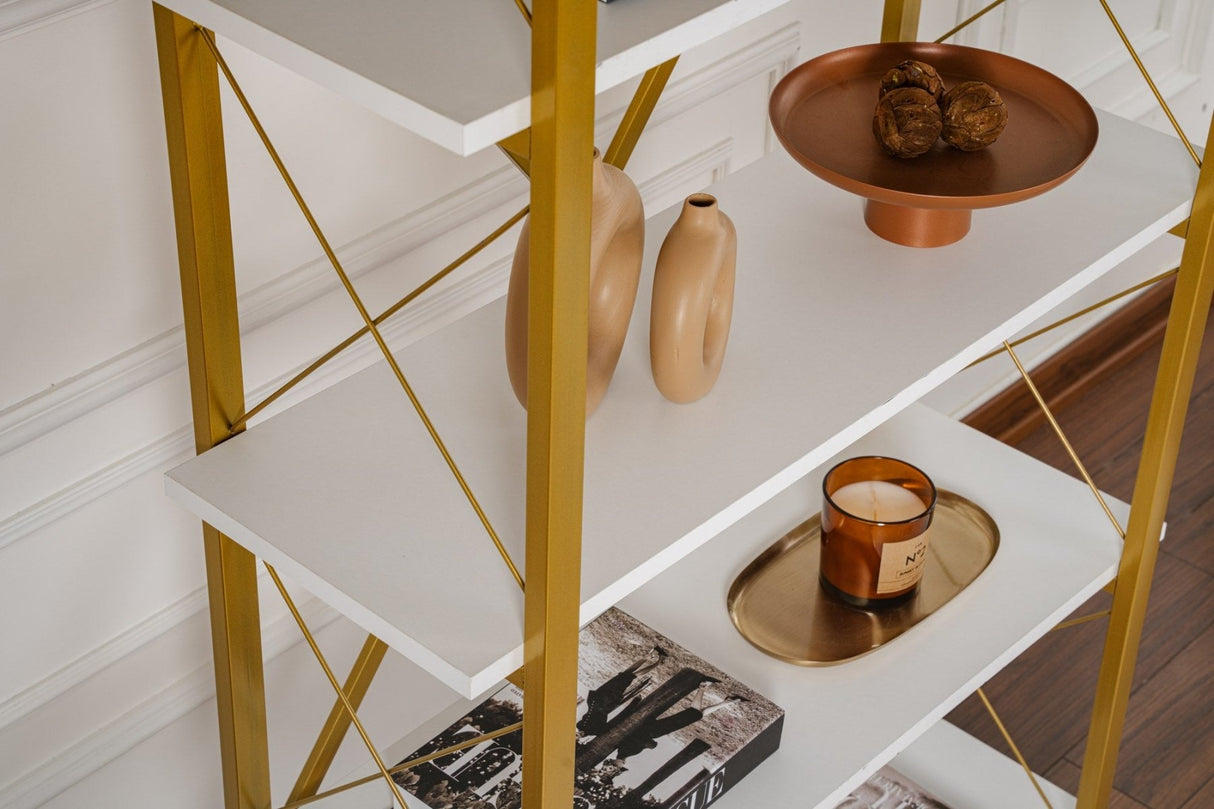 Libreria moderna melaminico bianco Ely - Cornice Dorata - 180x90 cm