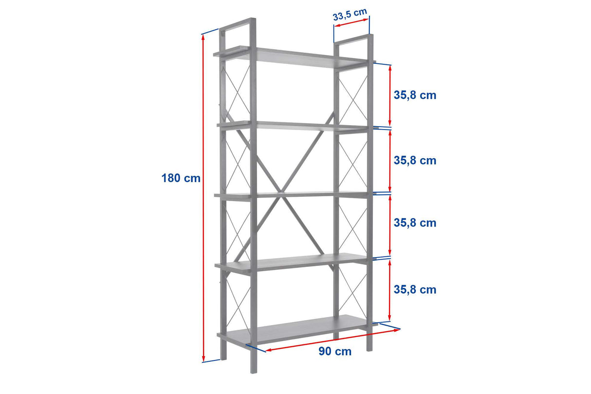 Boekenkasten - Industriële boekenkast wit melamine Ely - Zwart Frame - 180x90 cm - Dimehouse