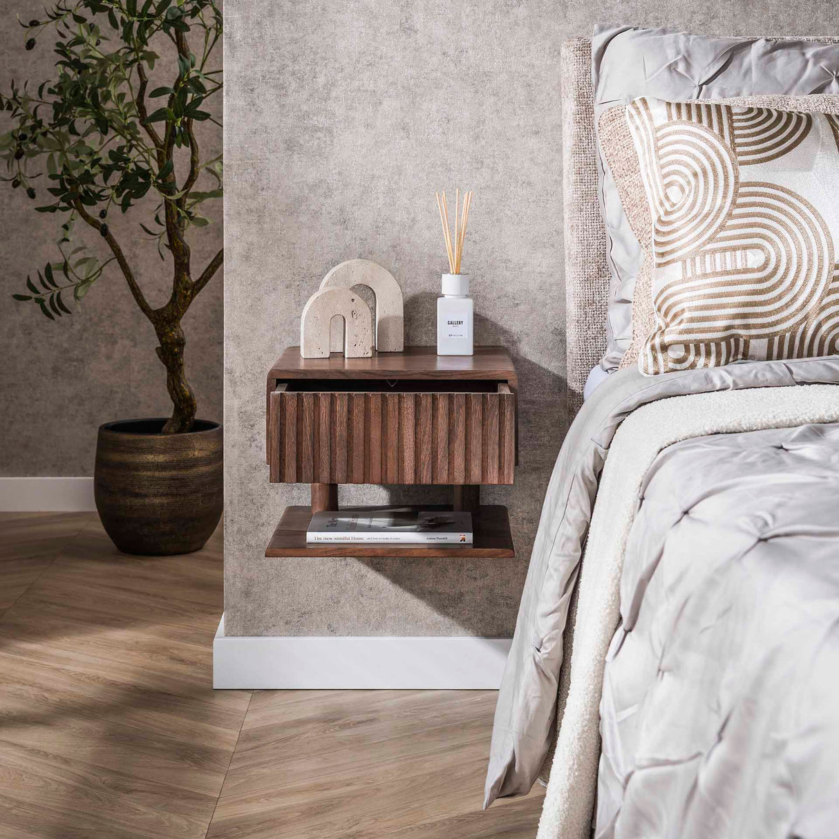 Nachtkastjes - Zwevend Nachtkastje Dex Acaciahout Drift Brown 1 Lade Open Plank - Dimehouse