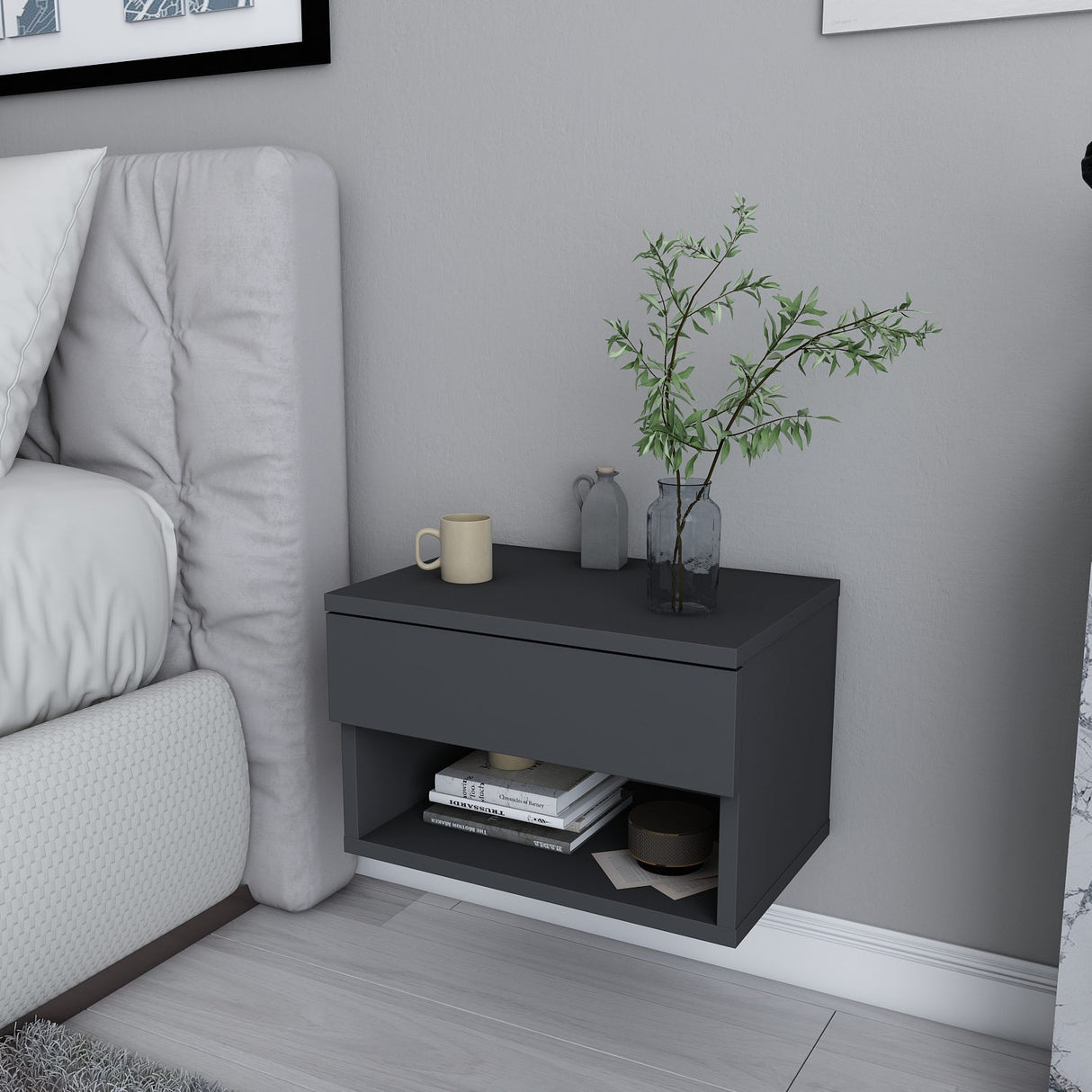 Nachtkastjes - Nachtkastje Jamot Antraciet Melamine 44,6x31,9x31,9 cm - Dimehouse