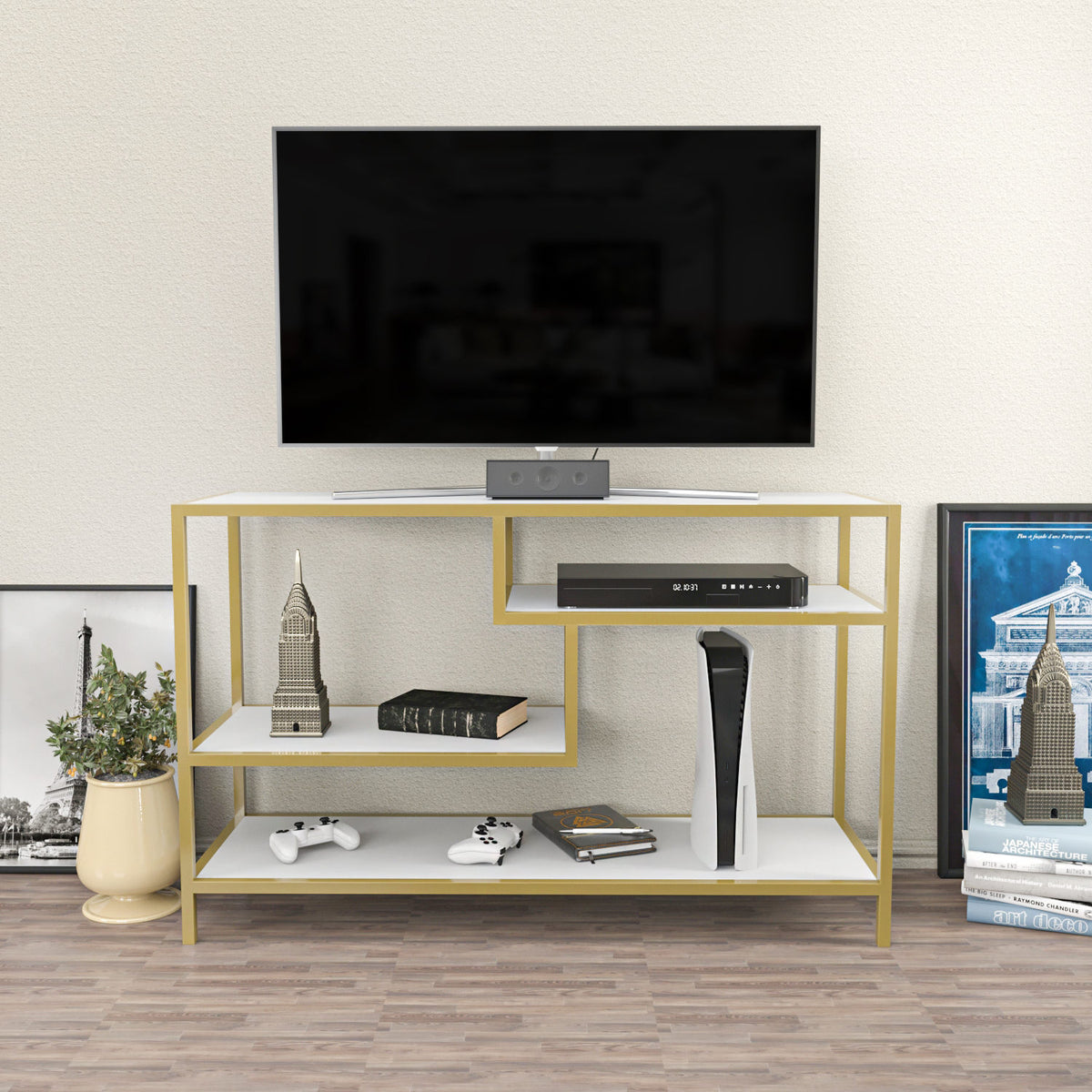 TV Meubels - TV Meubel Robbins Gold Goud Wit Melamine 120x75x39 cm - Dimehouse