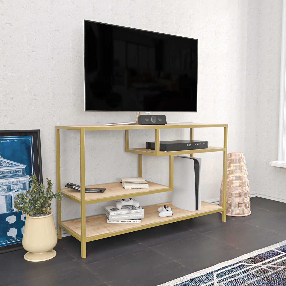 TV Meubels - TV Meubel Robbins Gold Goud Eik Melamine 120x75x39 cm - Dimehouse
