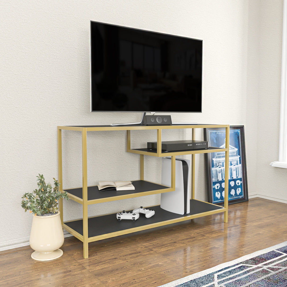 TV Meubels - TV Meubel Robbins Gold Goud Antraciet Melamine 120x75x39 cm - Dimehouse
