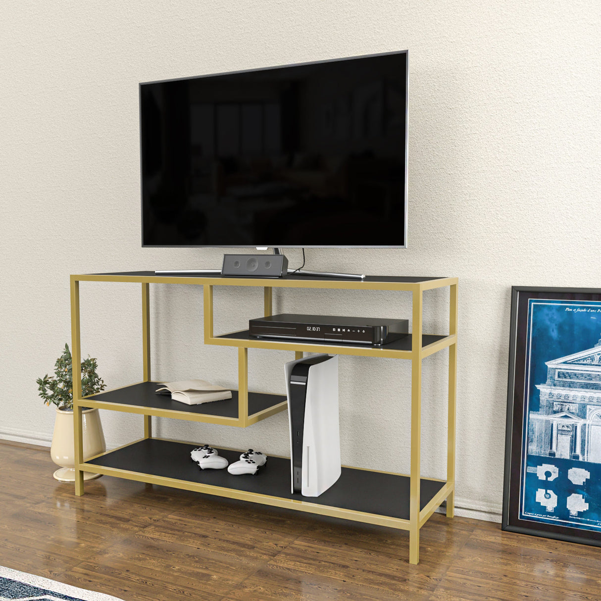 TV Meubels - TV Meubel Robbins Gold Goud Antraciet Melamine 120x75x39 cm - Dimehouse