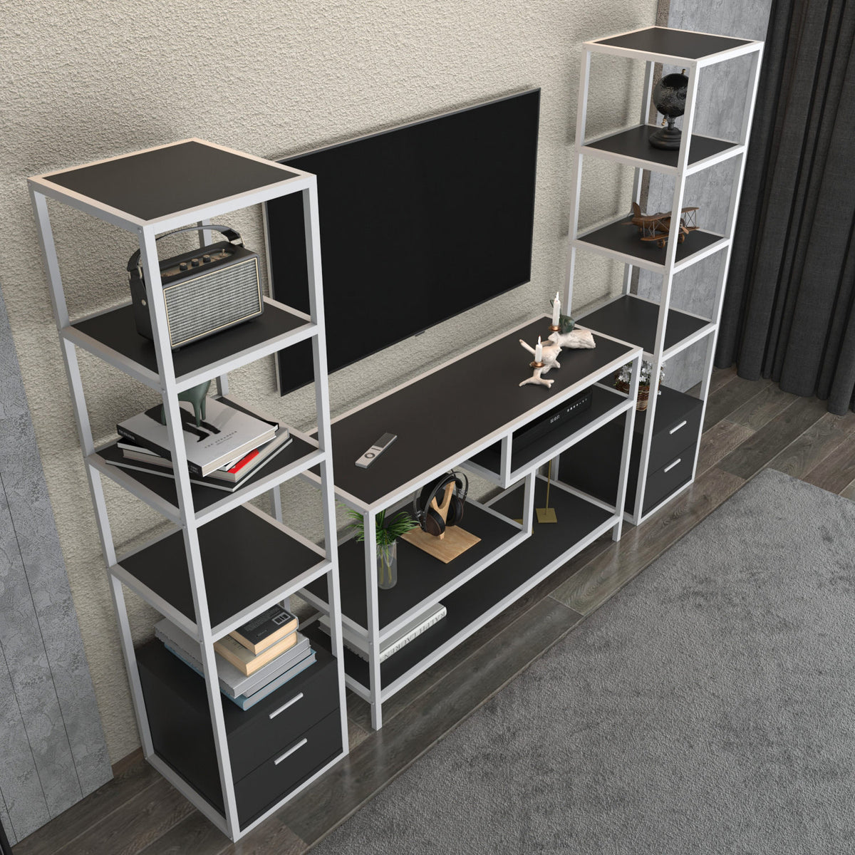 TV Meubels - TV Meubel Set Robbins White Wit Antraciet Melamine 198x160x39 cm - Dimehouse