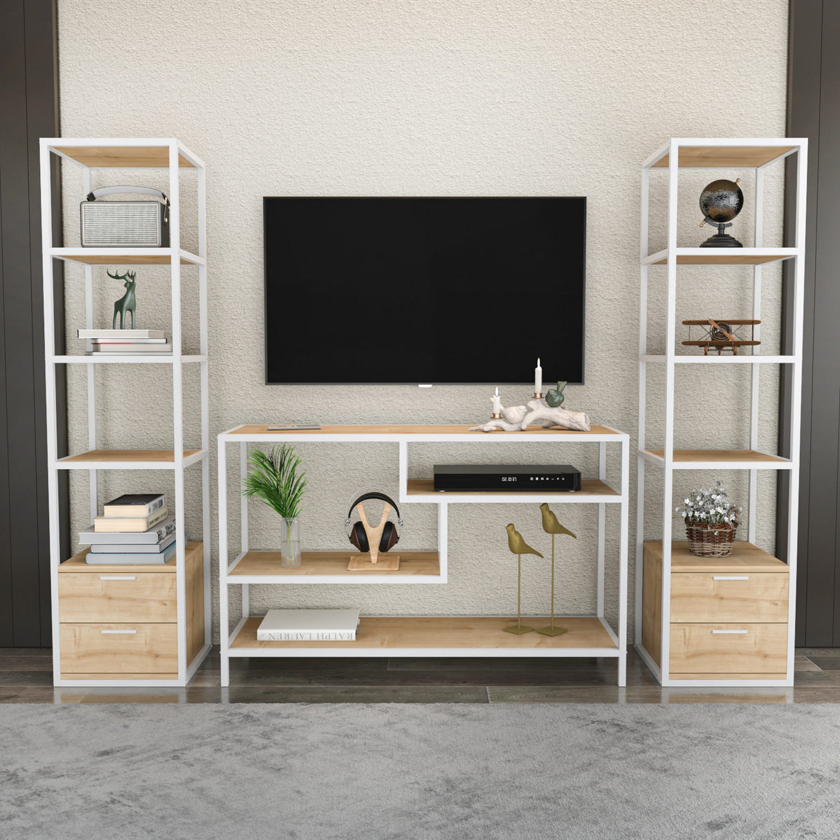 TV Meubels - TV Meubel Set Robbins White Wit Eik Melamine 198x160x39 cm - Dimehouse