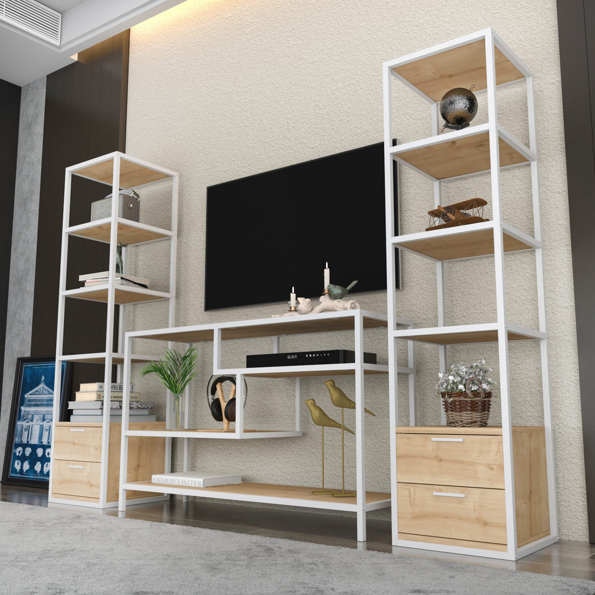 TV Meubels - TV Meubel Set Robbins White Wit Eik Melamine 198x160x39 cm - Dimehouse