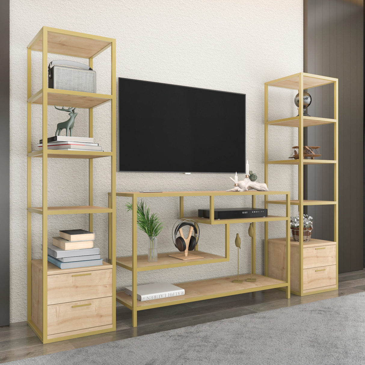 TV Meubels - TV Meubel Set Robbins Gold Goud Eik Melamine 198x160x39 cm - Dimehouse