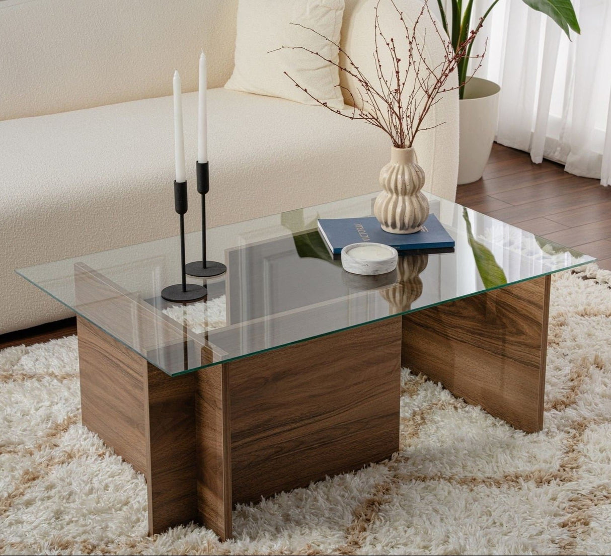 Tavolino Rettangolare Moderno Vetroni Simil Noce - Vetro - 105x65 cm