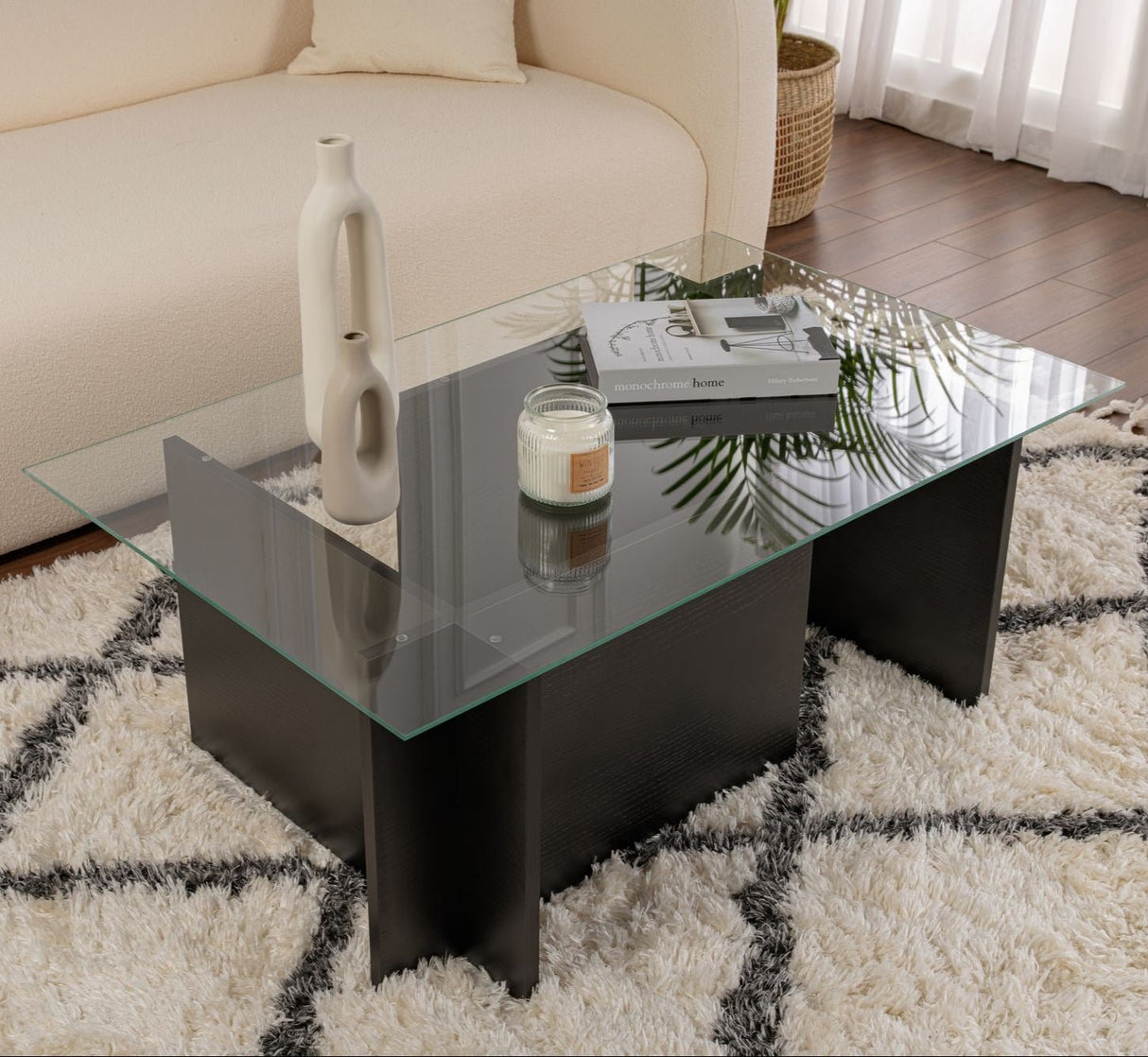 Salontafels - Rechthoekige Moderne Salontafel Vetroni Zwart Hout Look - Glas - 105x65 cm - Dimehouse
