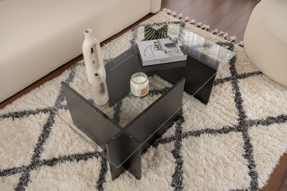 Salontafels - Rechthoekige Moderne Salontafel Vetroni Zwart Hout Look - Glas - 105x65 cm - Dimehouse