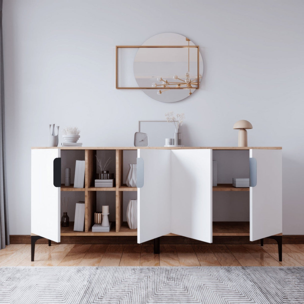 Credenza Tarz aspetto rovere bianco 150 cm Aspetto rovere / Legno melaminico bianco