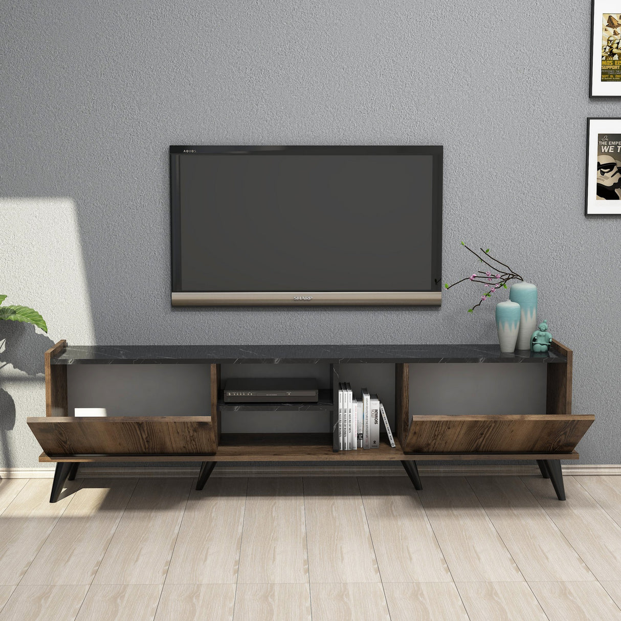 TV Meubels - TV Meubel Elegante Walnoot Zwart Melamine 180x52x34 cm - Dimehouse
