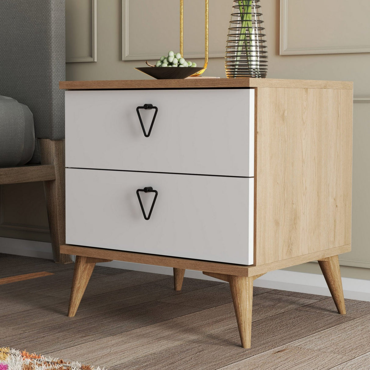 Nachtkastjes - Nachtkastje Versa Eik Wit Melamine 52x55,1x45 cm - Dimehouse