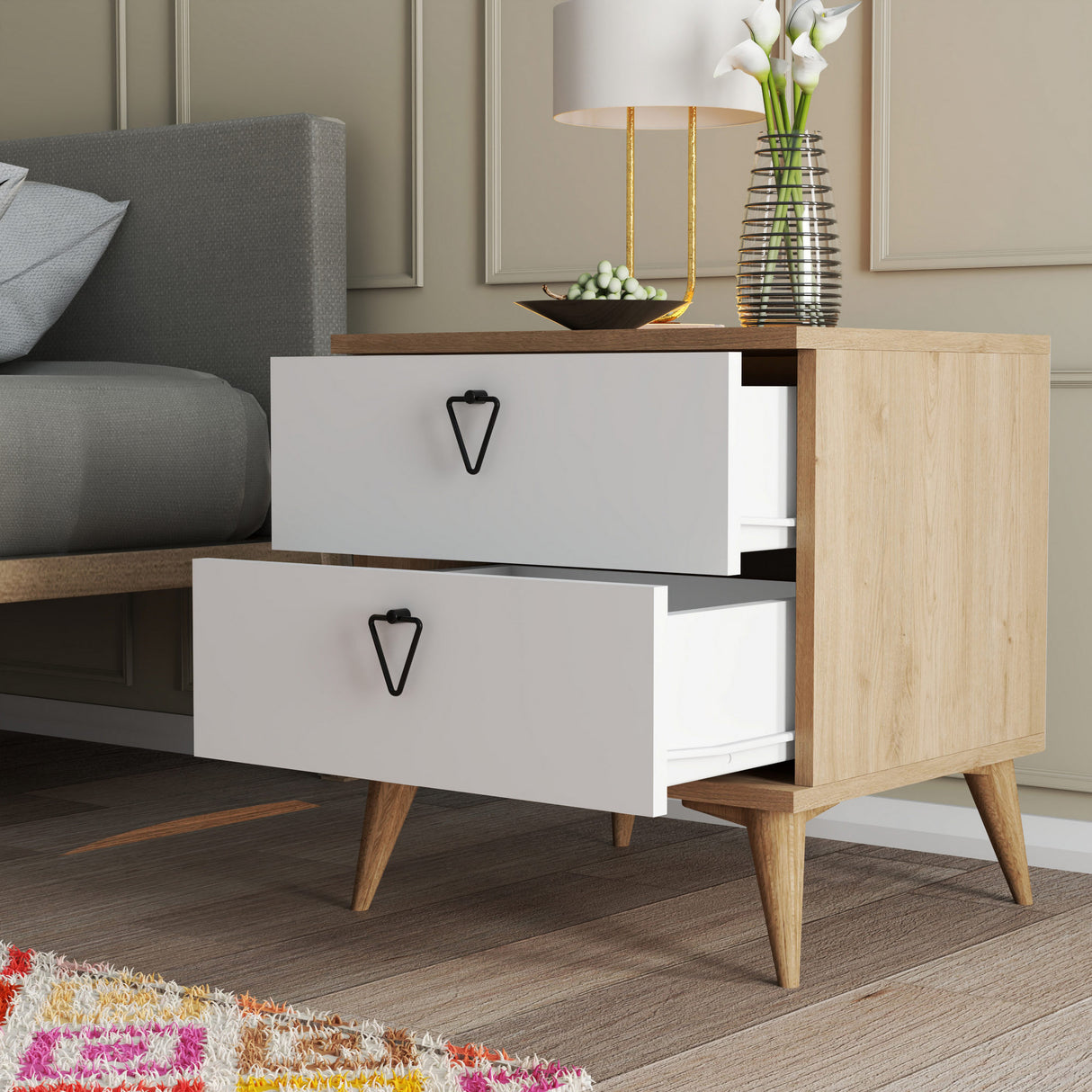 Nachtkastjes - Nachtkastje Versa Eik Wit Melamine 52x55,1x45 cm - Dimehouse