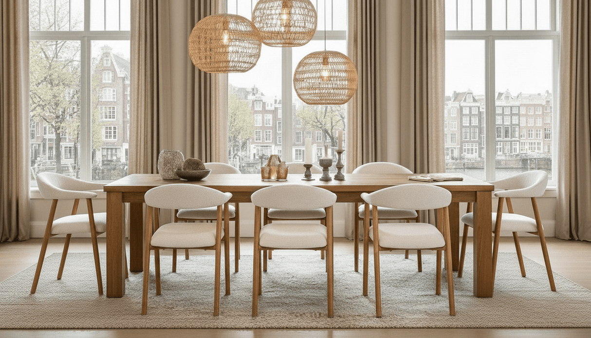 Sedia da sala da pranzo Japandi Beige Bouclé Suki - Struttura effetto rovere - Con braccioli