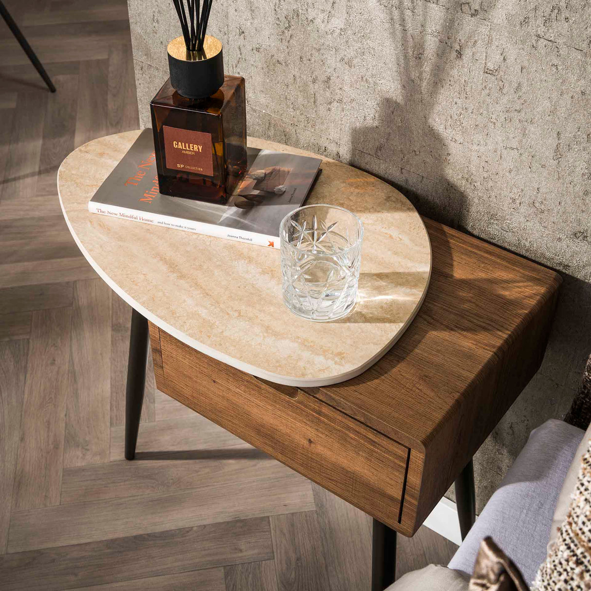 Comodino Borea Sinistro 1 Cassetto Ceramica Travertino