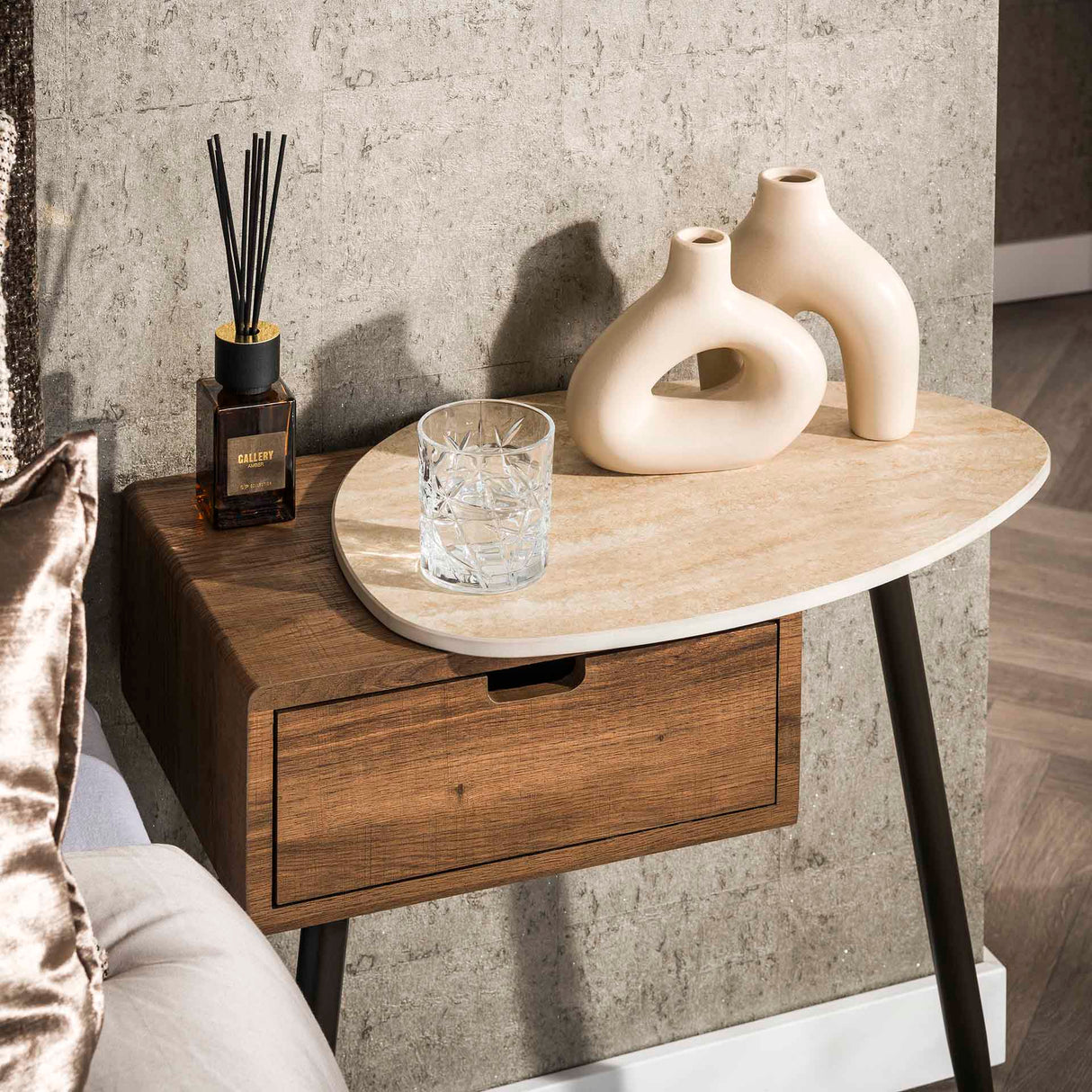 Comodino Borea Destro 1 cassetto Ceramica Travertino