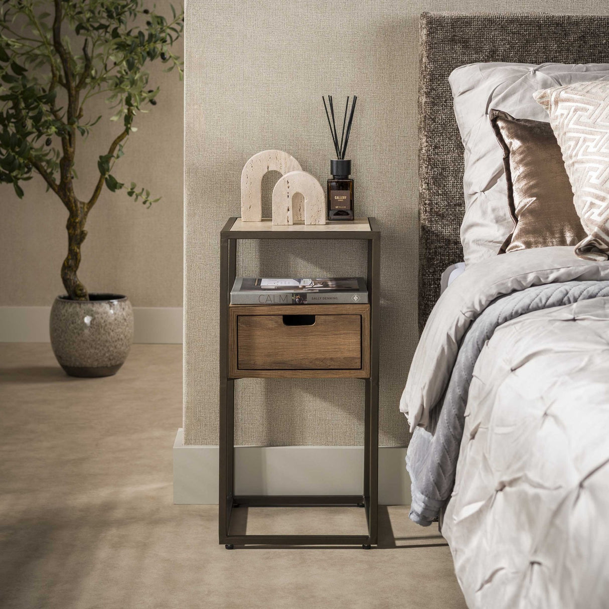 Comodino con 1 cassetto ceramica rovere travertino Cady