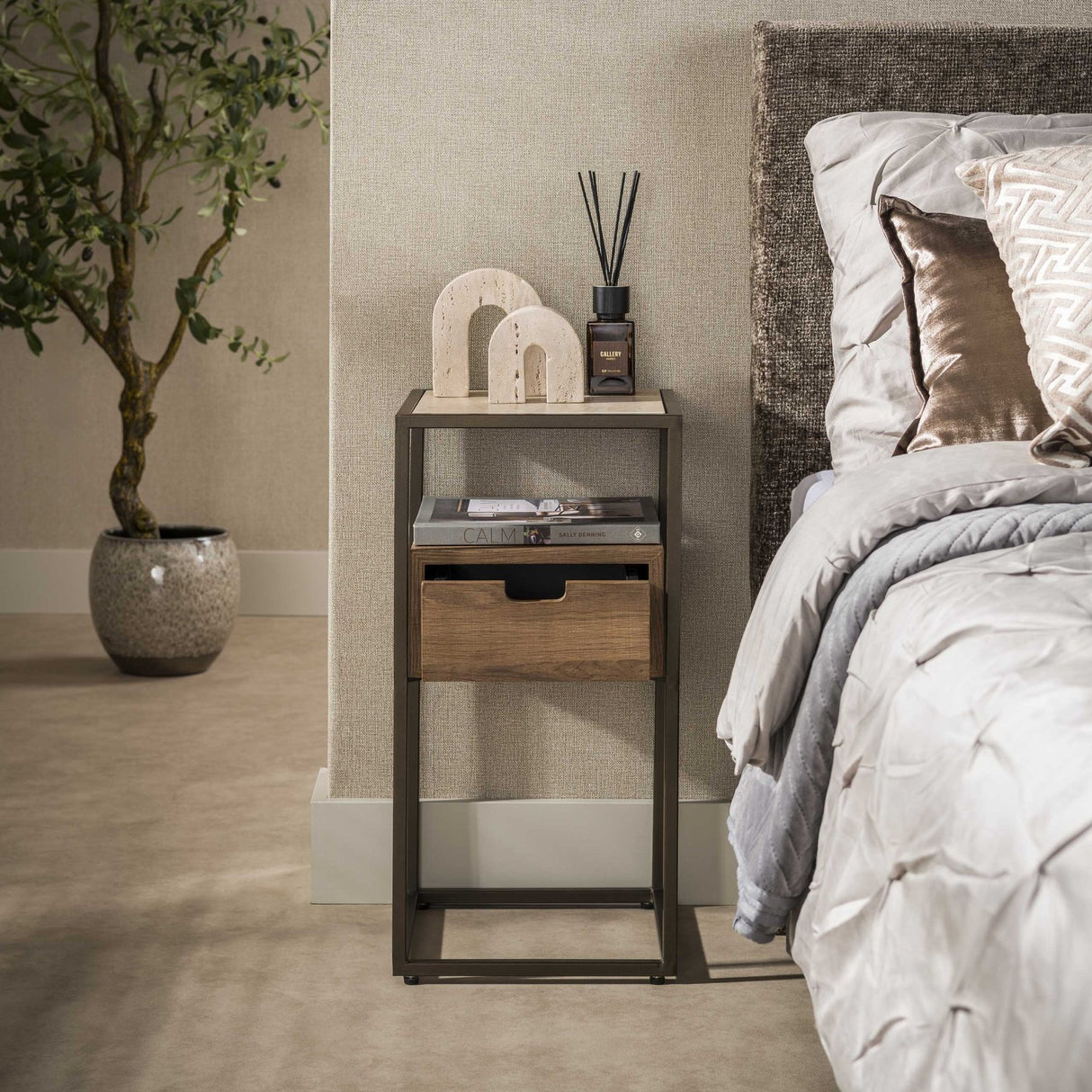 Comodino con 1 cassetto ceramica rovere travertino Cady