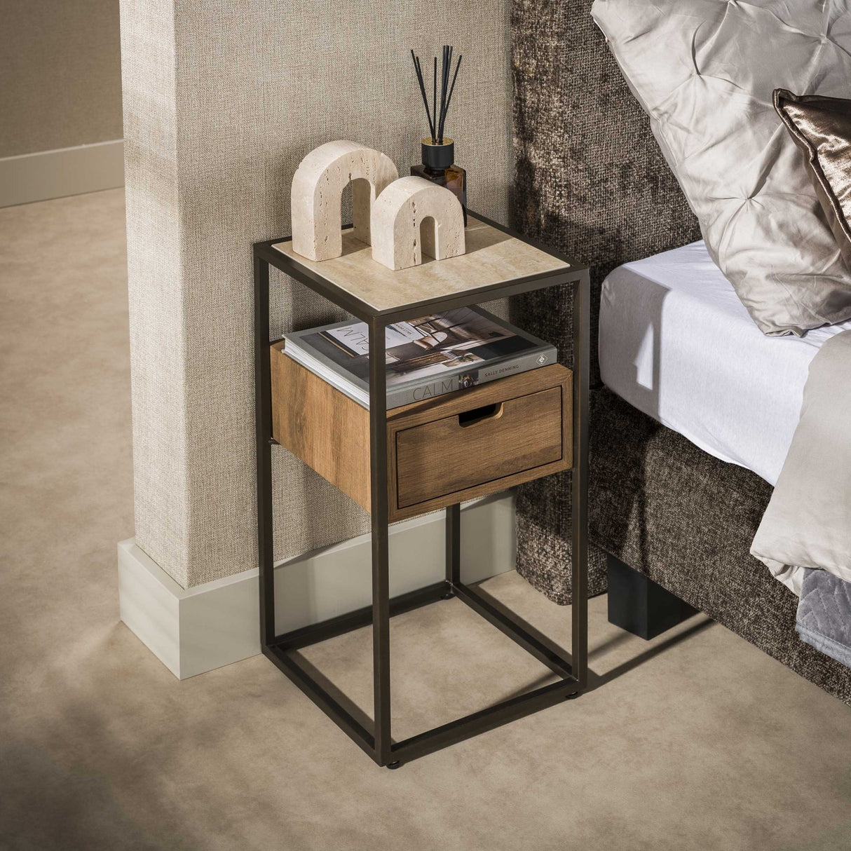 Comodino con 1 cassetto ceramica rovere travertino Cady