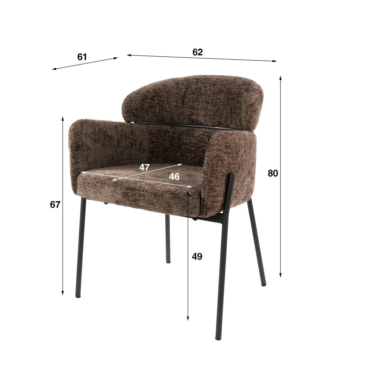 Sedia da pranzo Chenille Brown con schienale e braccioli rotondi - Lola