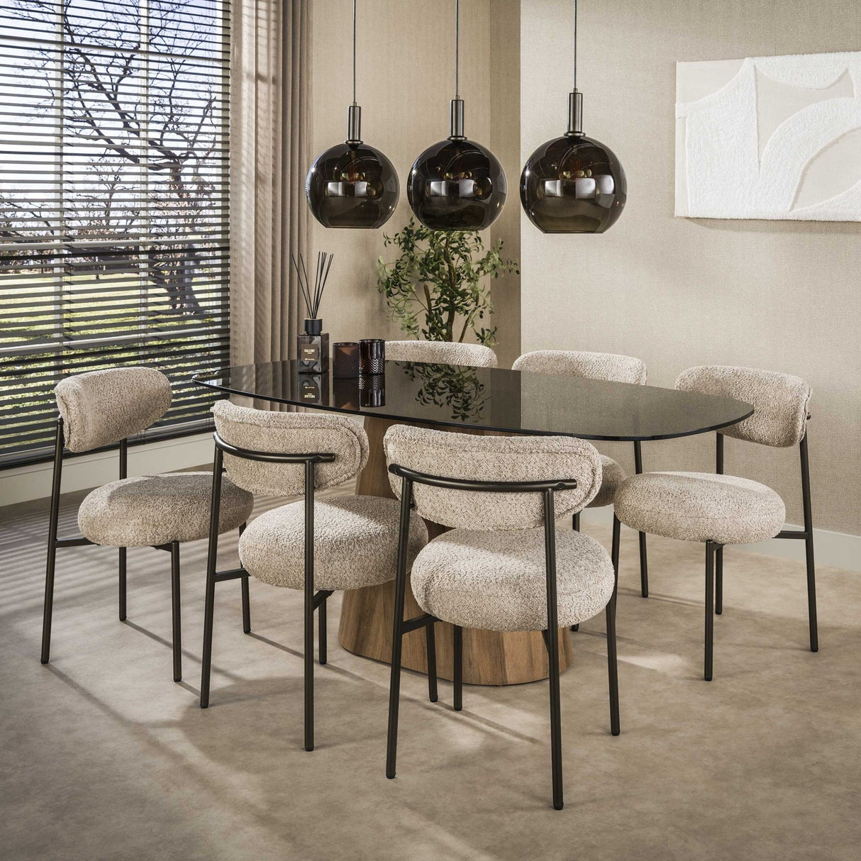 Sedia da sala da pranzo rotonda bouclé marrone sabbia Aero