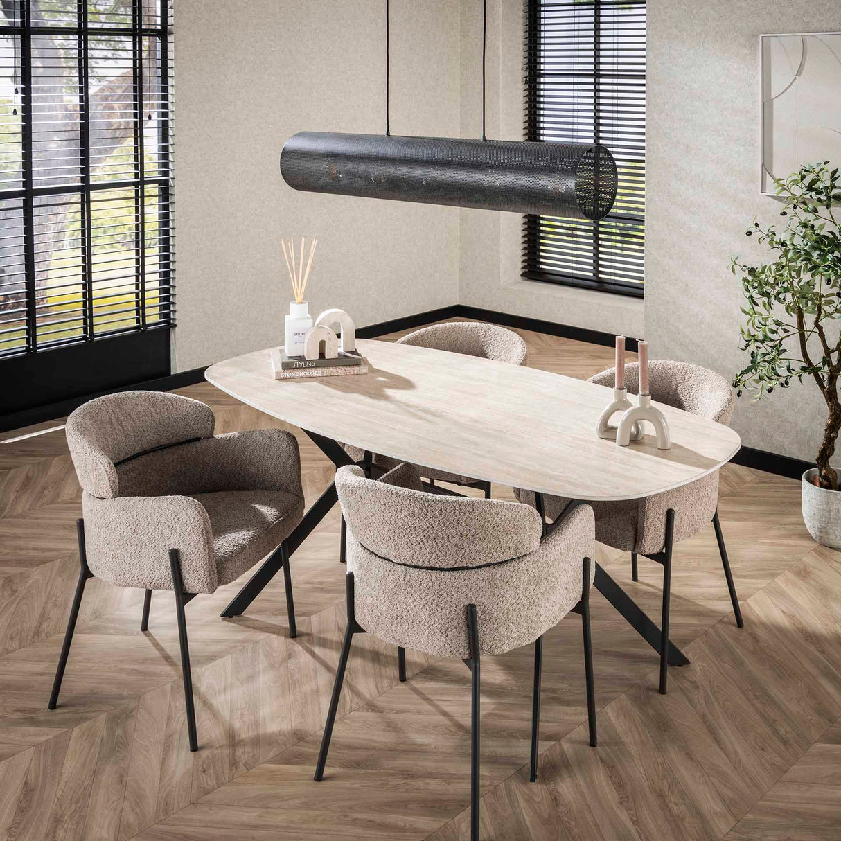 Eettafels - Eettafel Jimi Deens Ovaal Keramiek Travertinlook 180 cm - Dimehouse