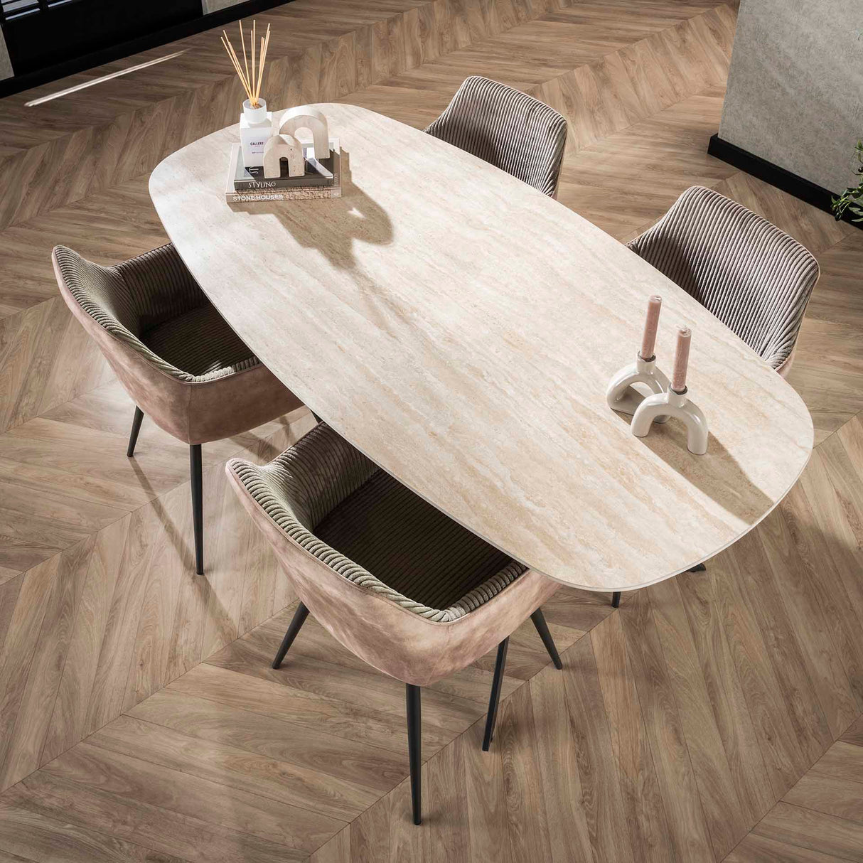 Eettafels - Eettafel Jimi Deens Ovaal Keramiek Travertinlook 180 cm - Dimehouse
