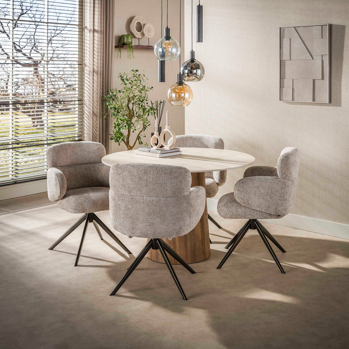 Tavolo da pranzo rotondo Jimi Ø120 cm in ceramica travertino beige