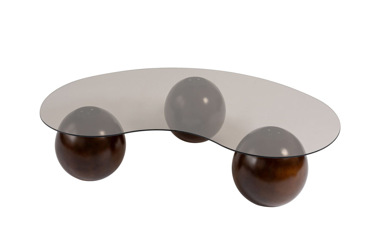 Tavolino organico vetro colorato bronzo gambe a sfera in noce Sfera 120x70 cm