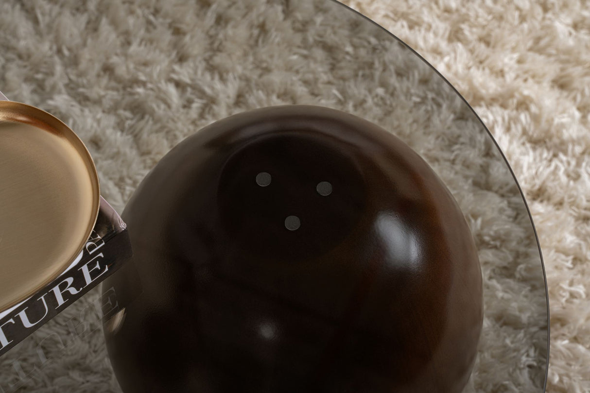 Organische salontafel grijs getint glas walnoot bolpoten Sphere 120x70 cm