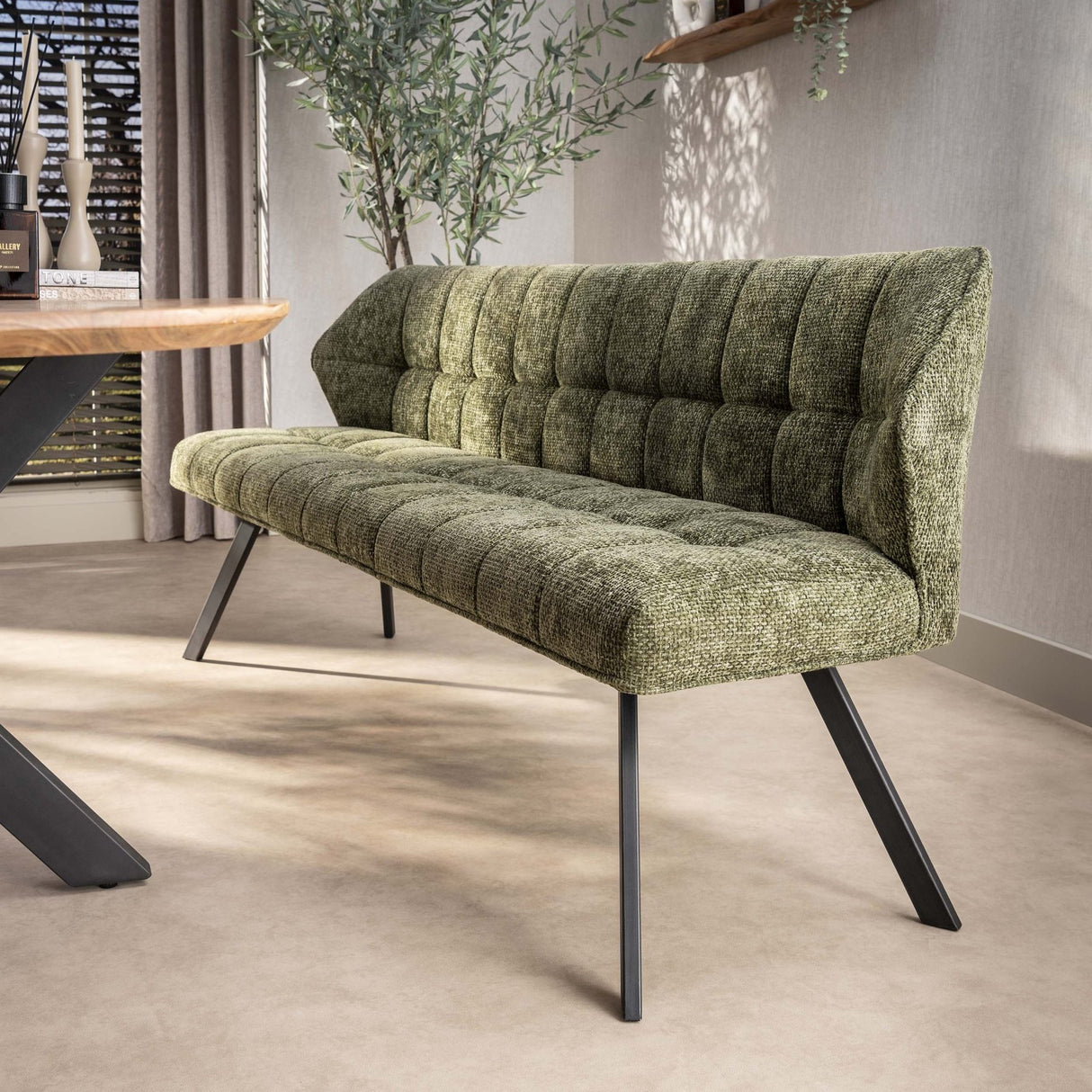 Eetkamerbanken - Eetkamerbank Chenille Stof Groen Geblokt 180 cm - Lino - Dimehouse