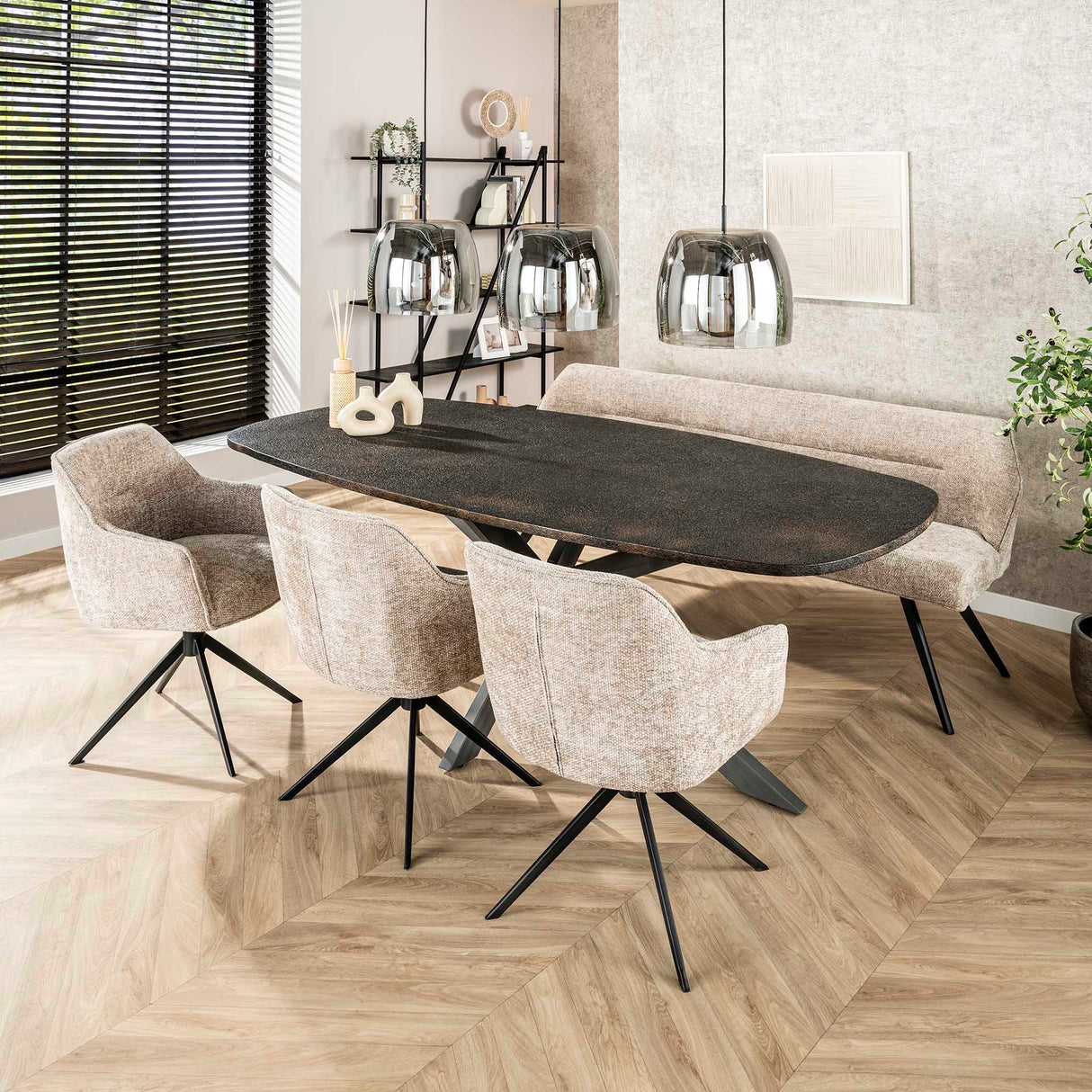 Eetkamerstoelen - Eetkamerstoel Chia Rich Stof Zand Draaibaar - Dimehouse