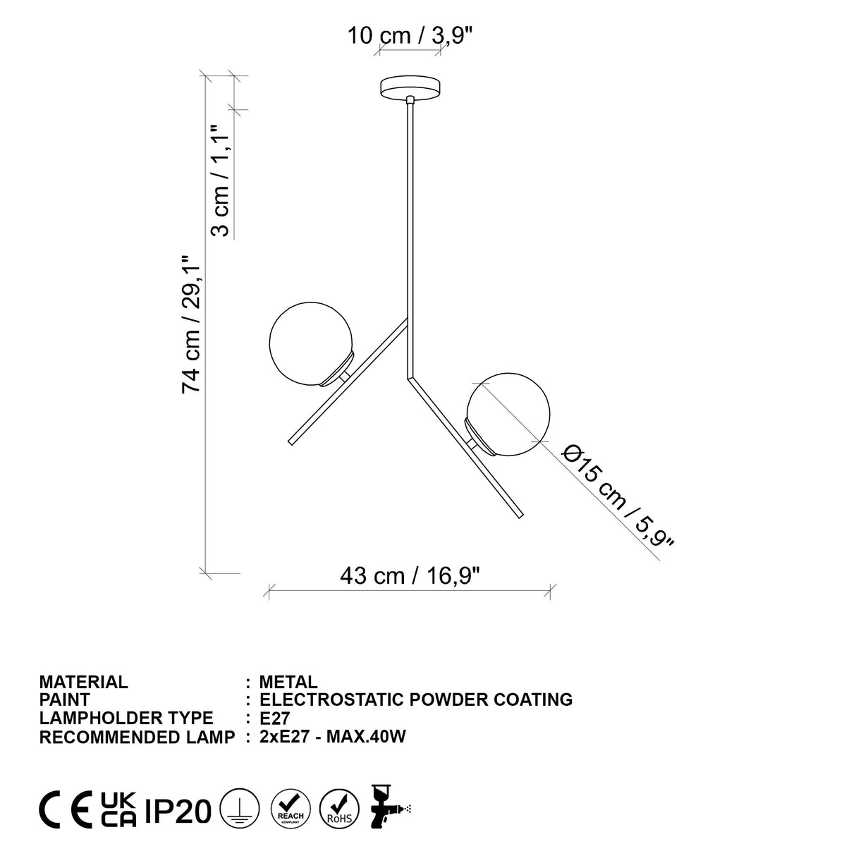 Lampada a sospensione a 2 luci in vetro dorato Nimbus