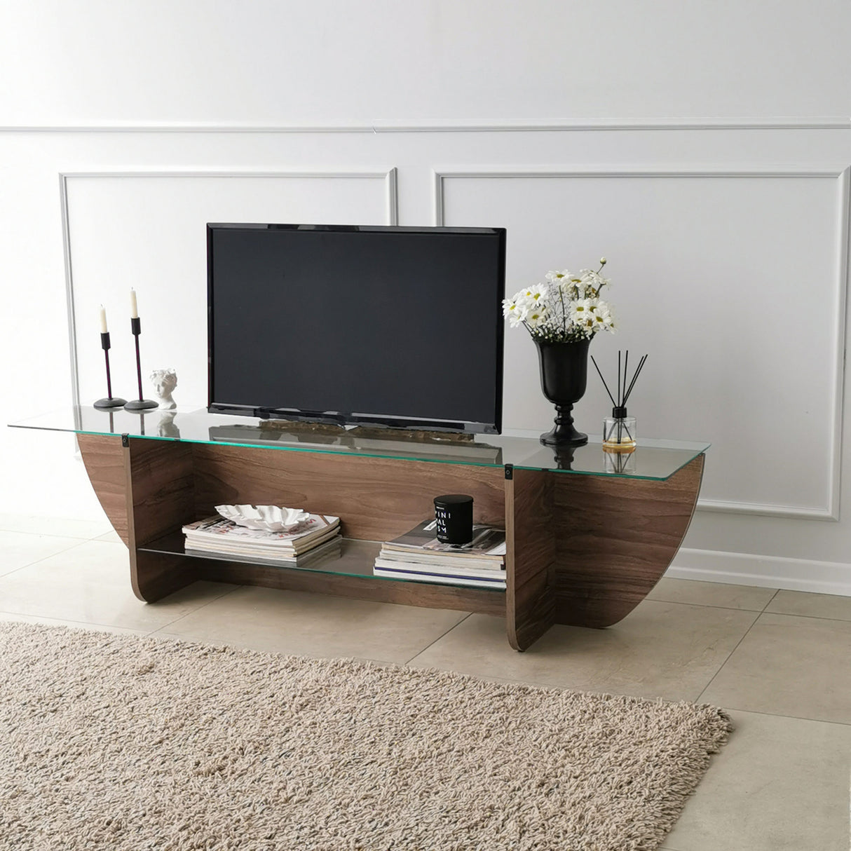 TV Meubels - TV Meubel Lily TV Walnoot Glas 158x40x35 cm - Dimehouse