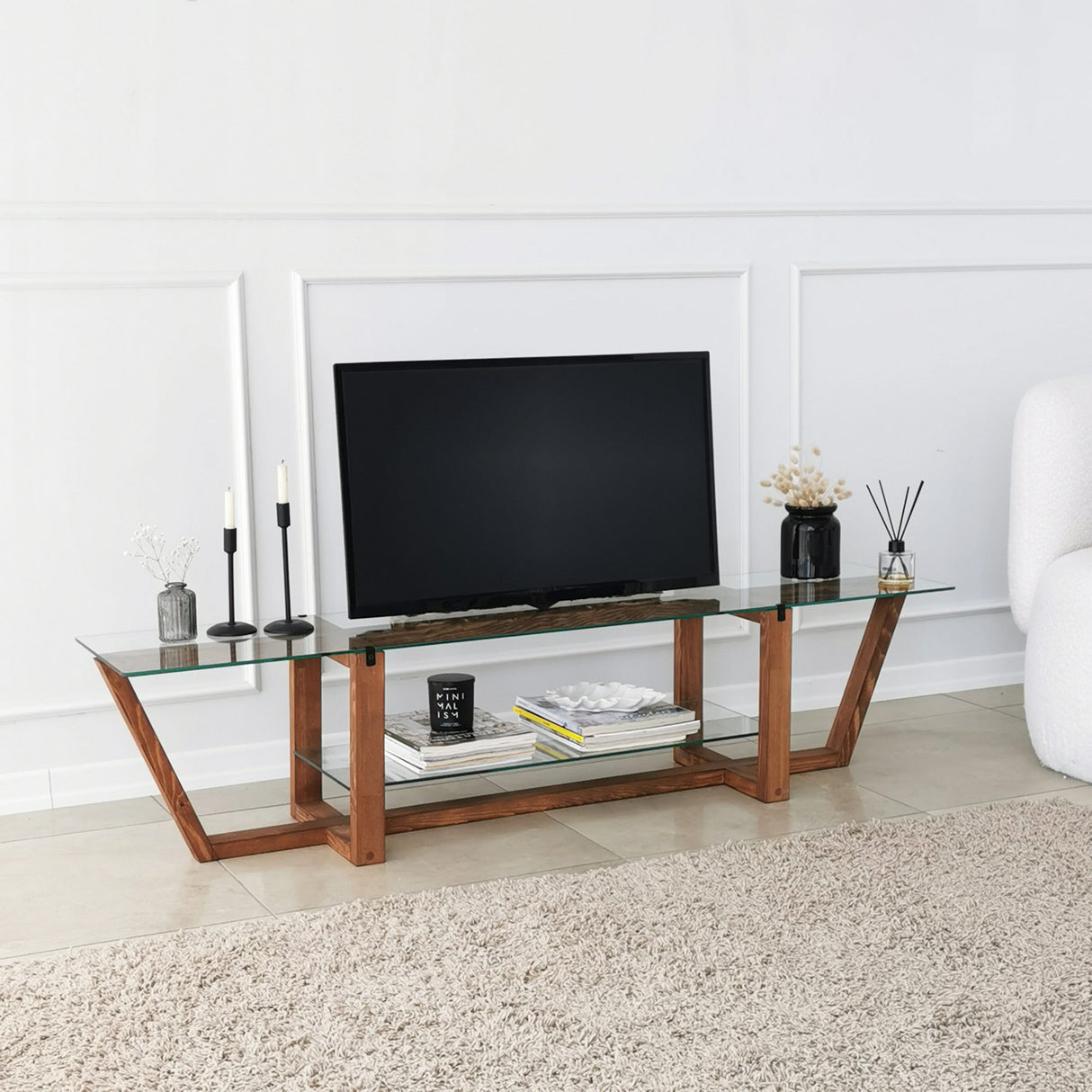 TV Meubels - TV Meubel Amaufi Walnoot Glas 158x35x35 cm - Dimehouse