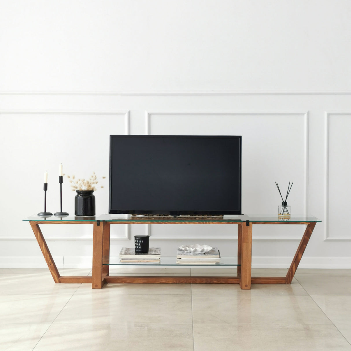 TV Meubels - TV Meubel Amaufi Walnoot Glas 158x35x35 cm - Dimehouse