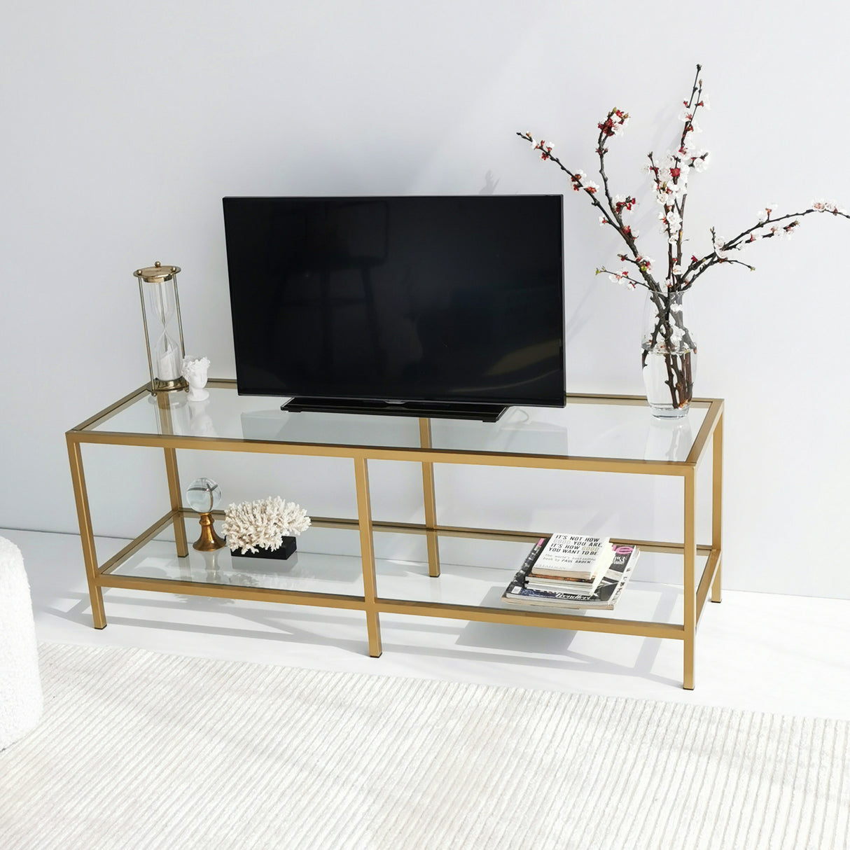 TV Meubels - TV Meubel Basic Gold Goud Glas 130x45x40 cm - Dimehouse