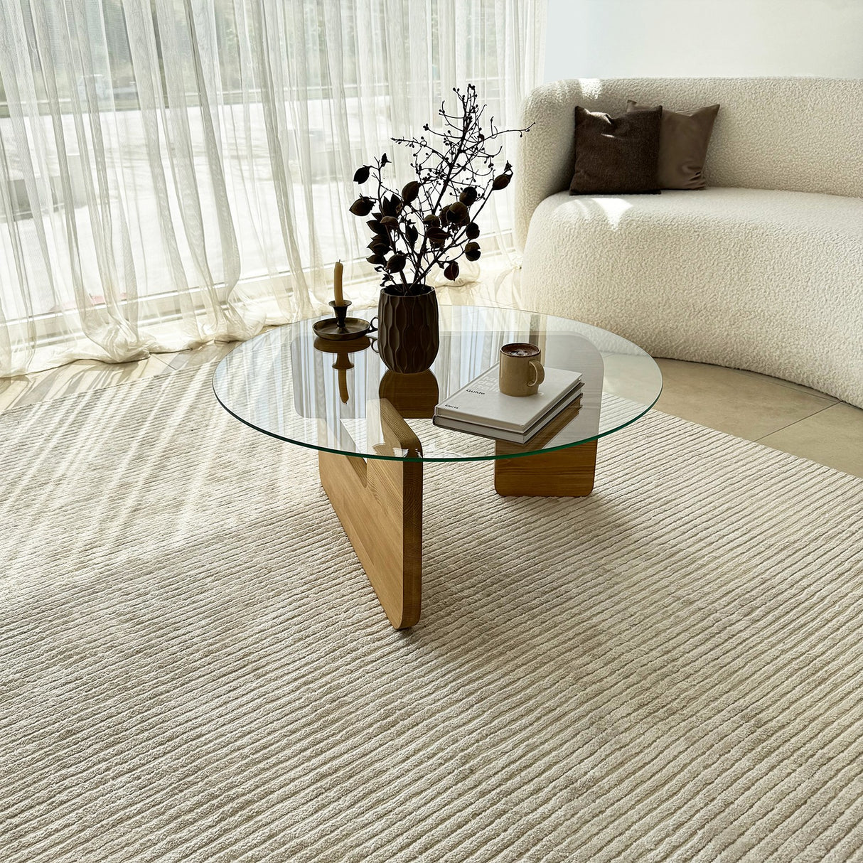 Tavolino rotondo in vetro Mio - 75 cm - Base in legno