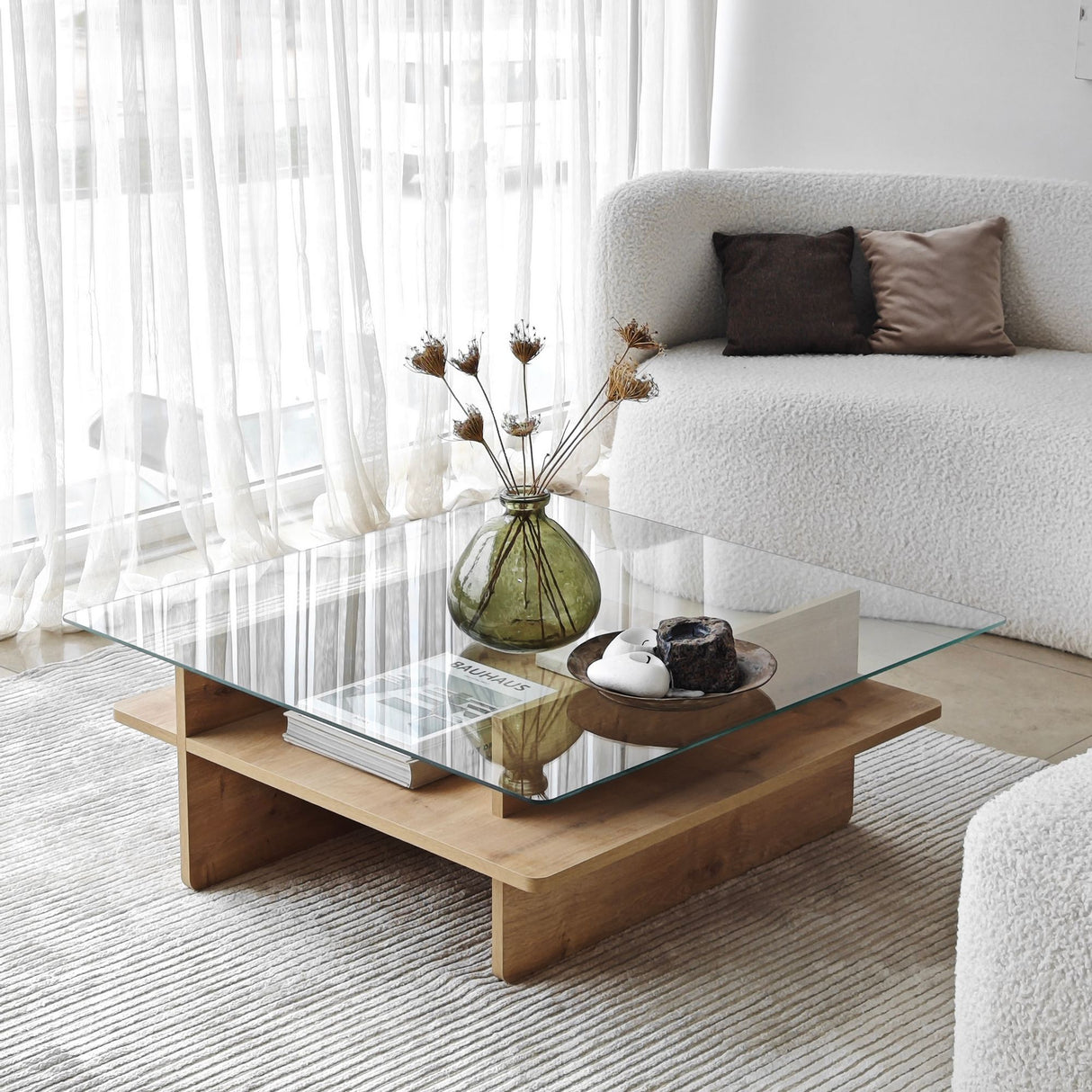 Tavolino Quadrato in Vetro Sagu - Base Melaminico Zaffiro - 90x90 cm