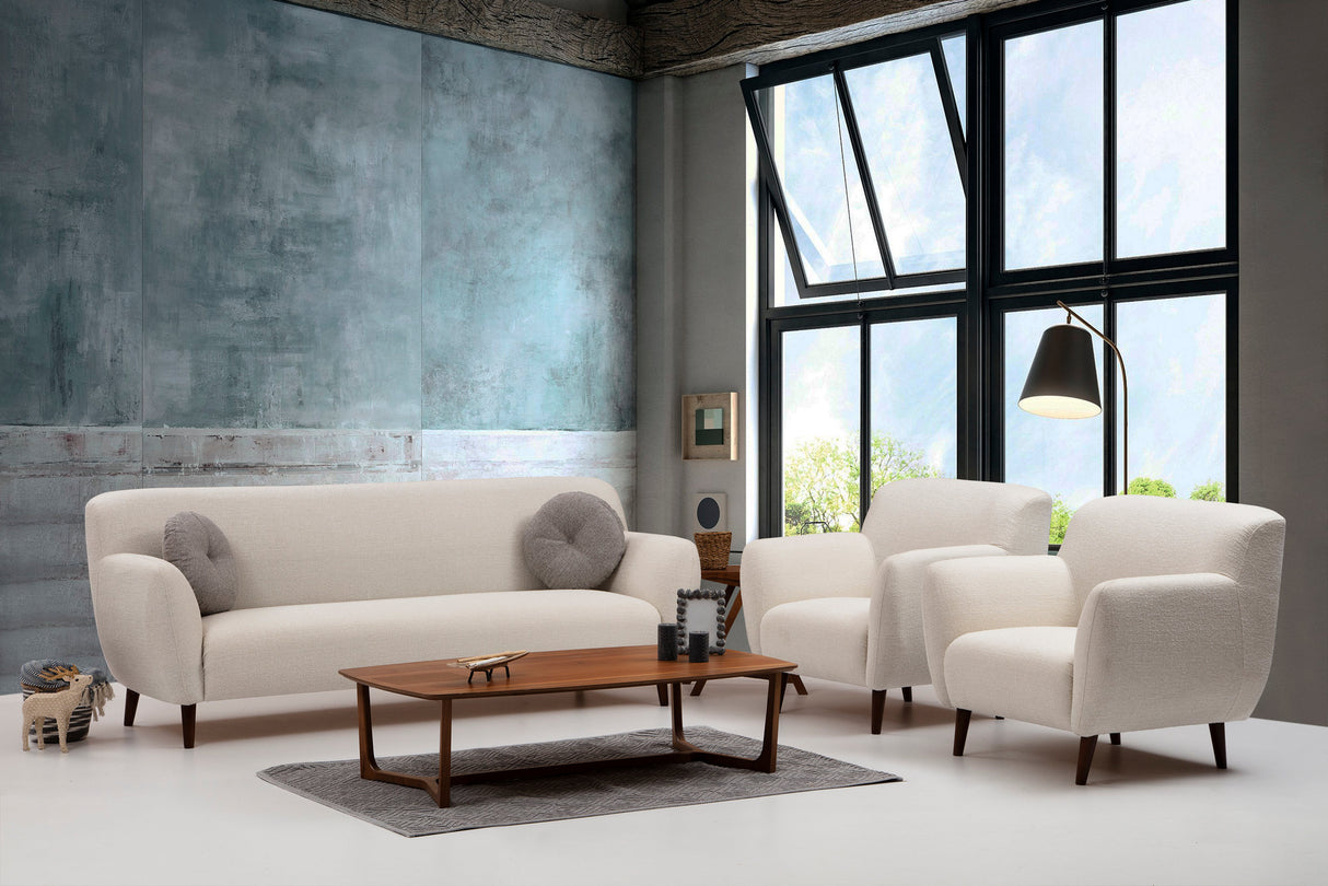 Fauteuils - Japandi fauteuil beige textuur stof met walnoot poten Enna - Dimehouse