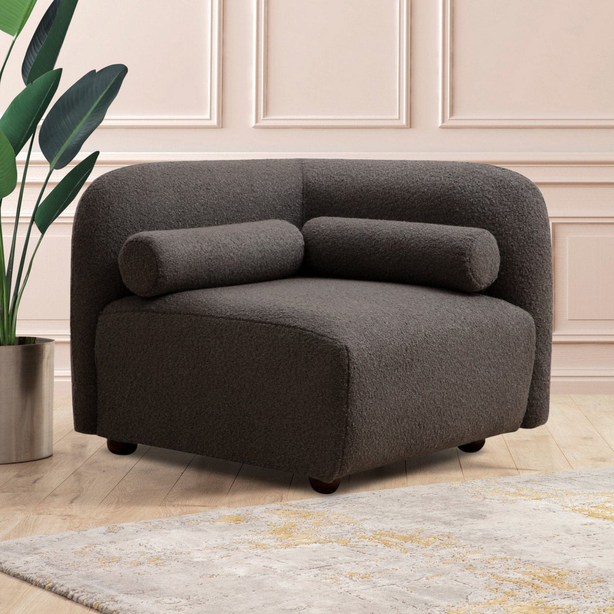 Fauteuils - Japandi fauteuil donkergrijs bouclé met walnoot poot Victoria - Dimehouse