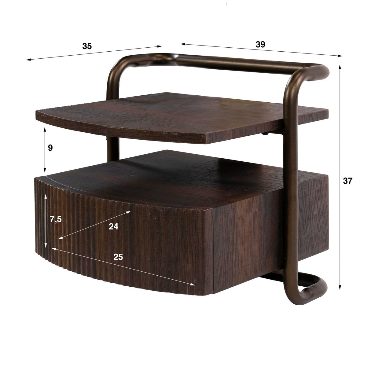 Zwevend nachtkastje met 1 lade donkerbruin hout brons frame Blaze