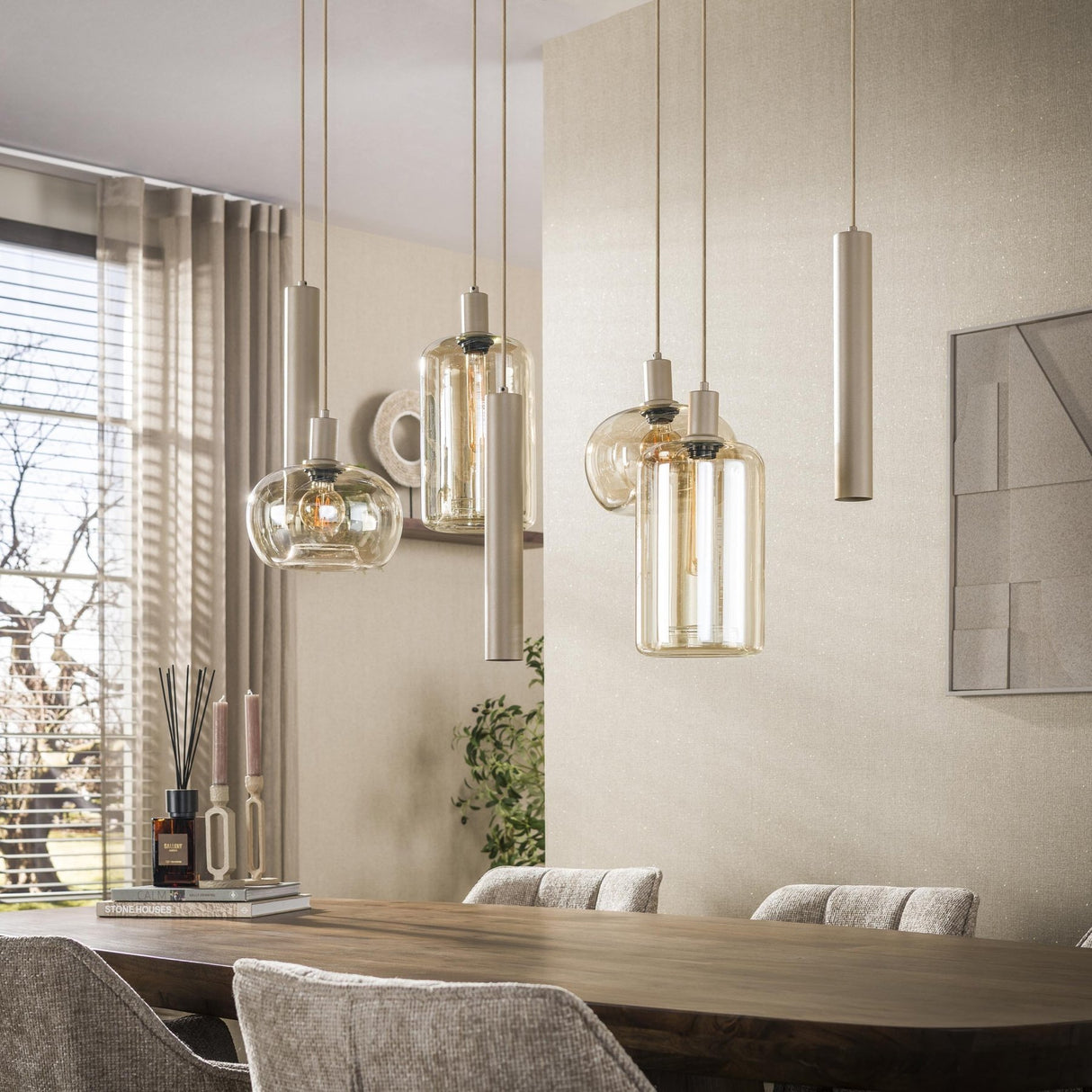 Hanglamp - Hanglamp Sera 7 - lichts beige metaal amber glas - Dimehouse